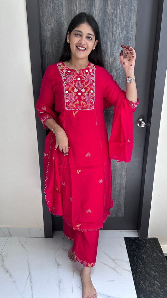 Embroidered Yoke Rani Pink Suit Set