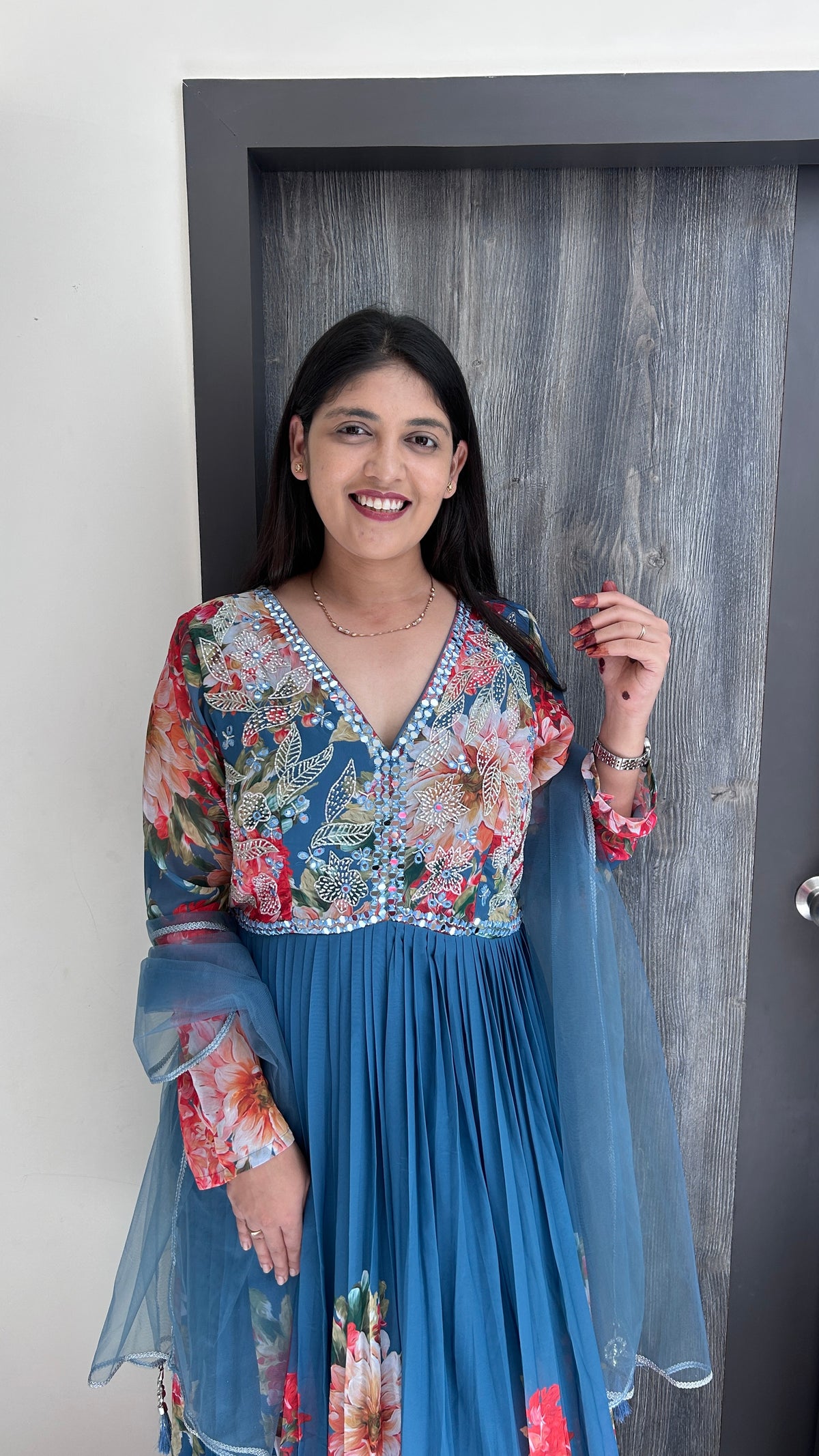 Slate Blue Floral Embellished Anarkali Gown
