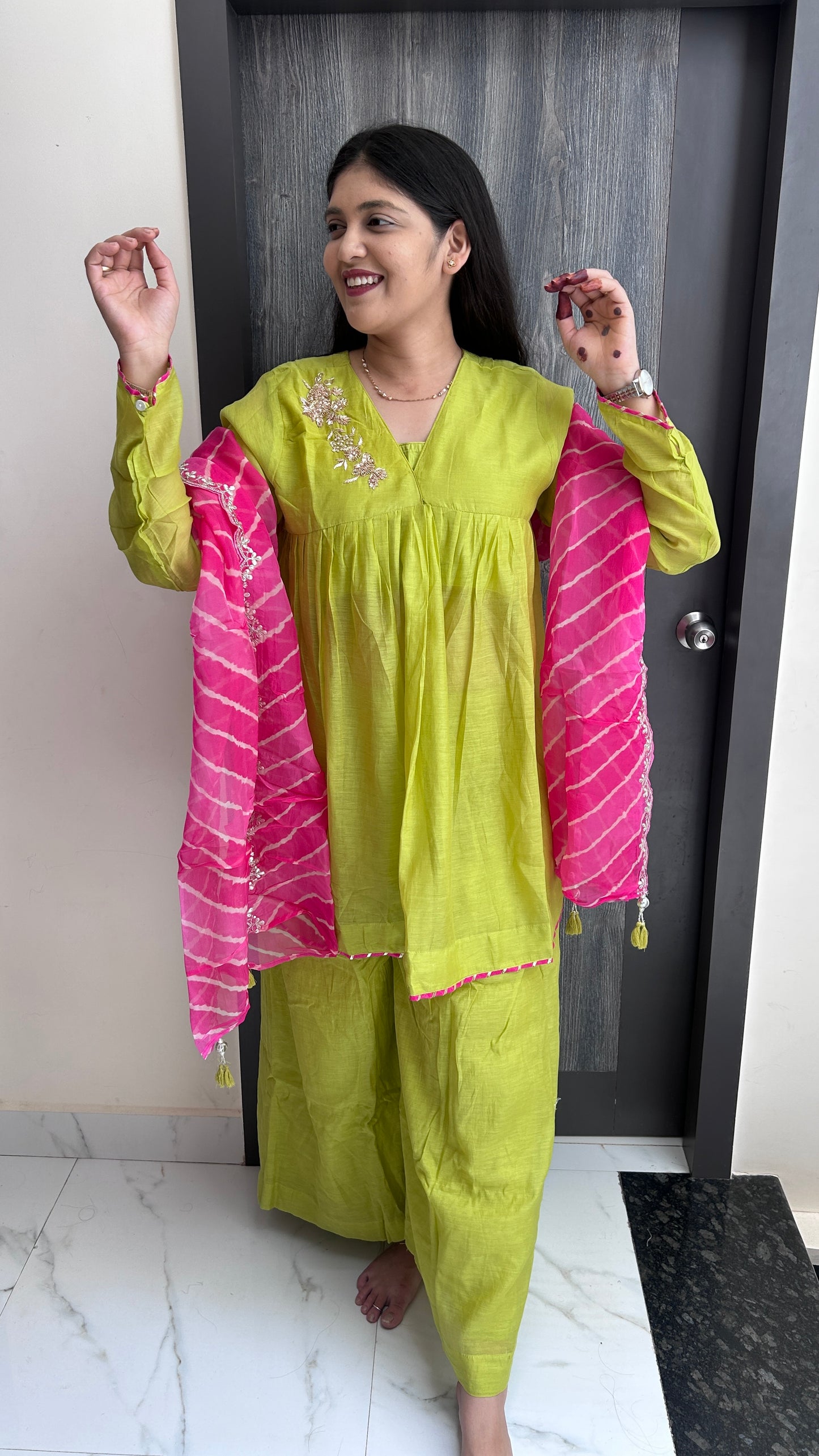 Lime Green & Pink Leheriya chinnon Sharara Set