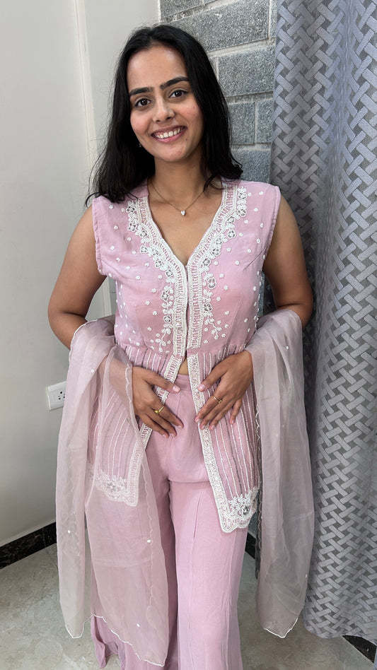Hand-Embroidered Lilac Tissue sharara Set