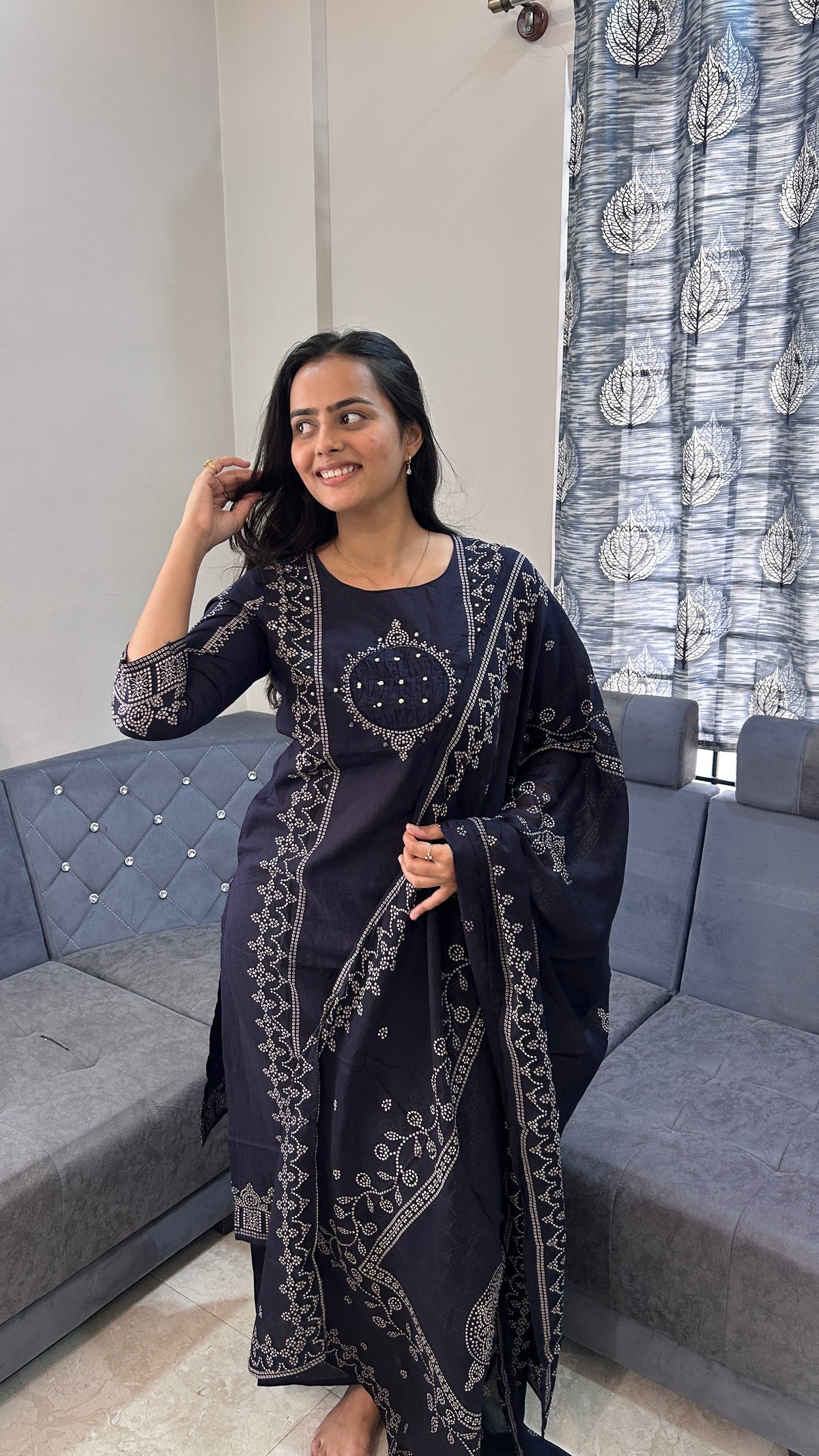Navy Blue Bandhani Print Pure Chinnon Suit Set