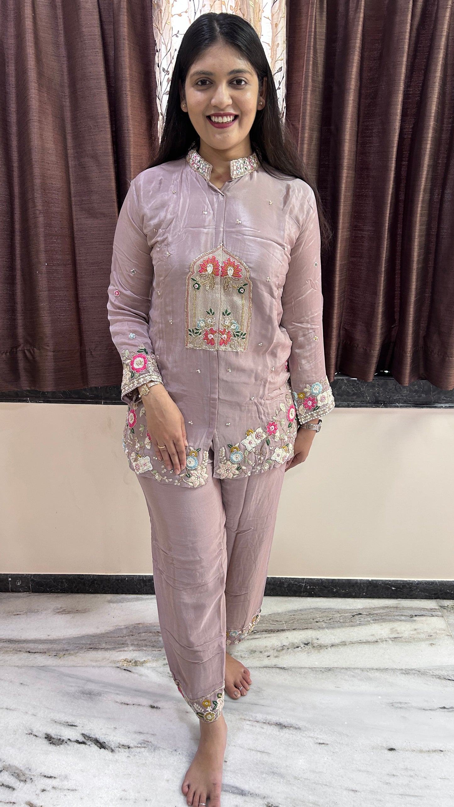 Mauve Scalloped Hand-Embroidered Co-ord Set