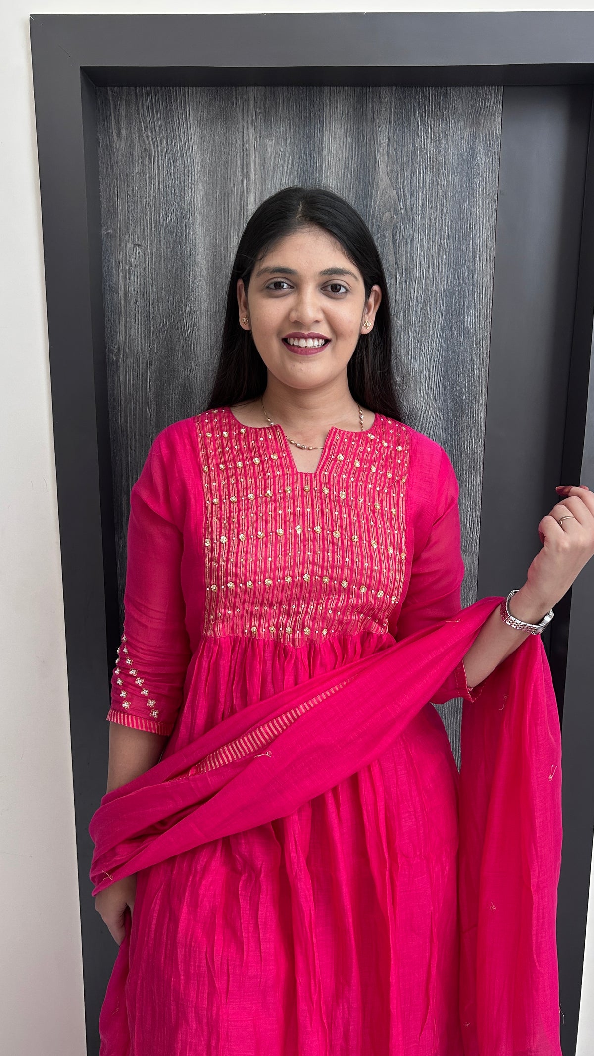 Bright Pink Hand-Embroidered Flared Kurta Set
