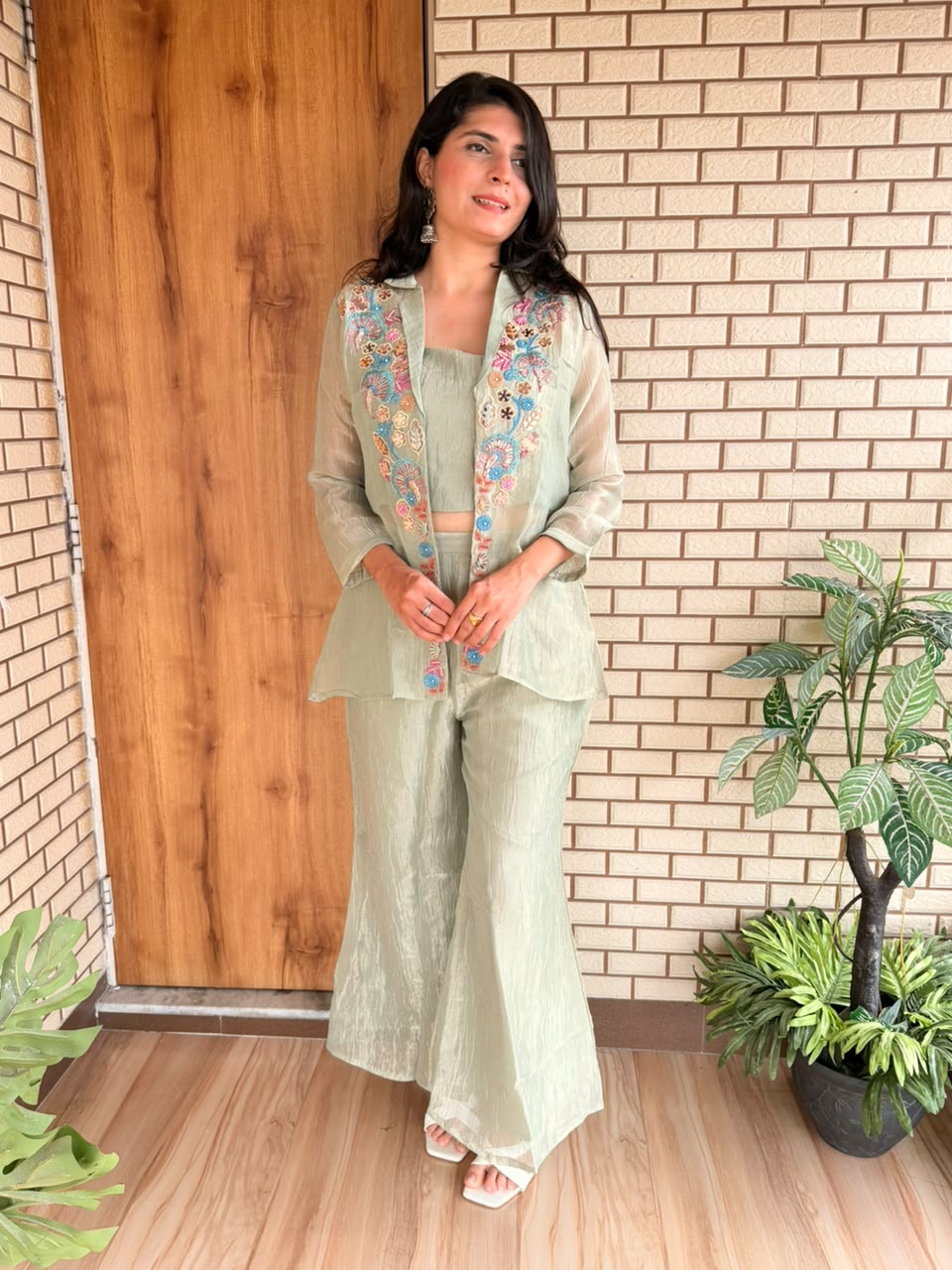 Mint Green Three-Piece Embroidered Co-ord Set