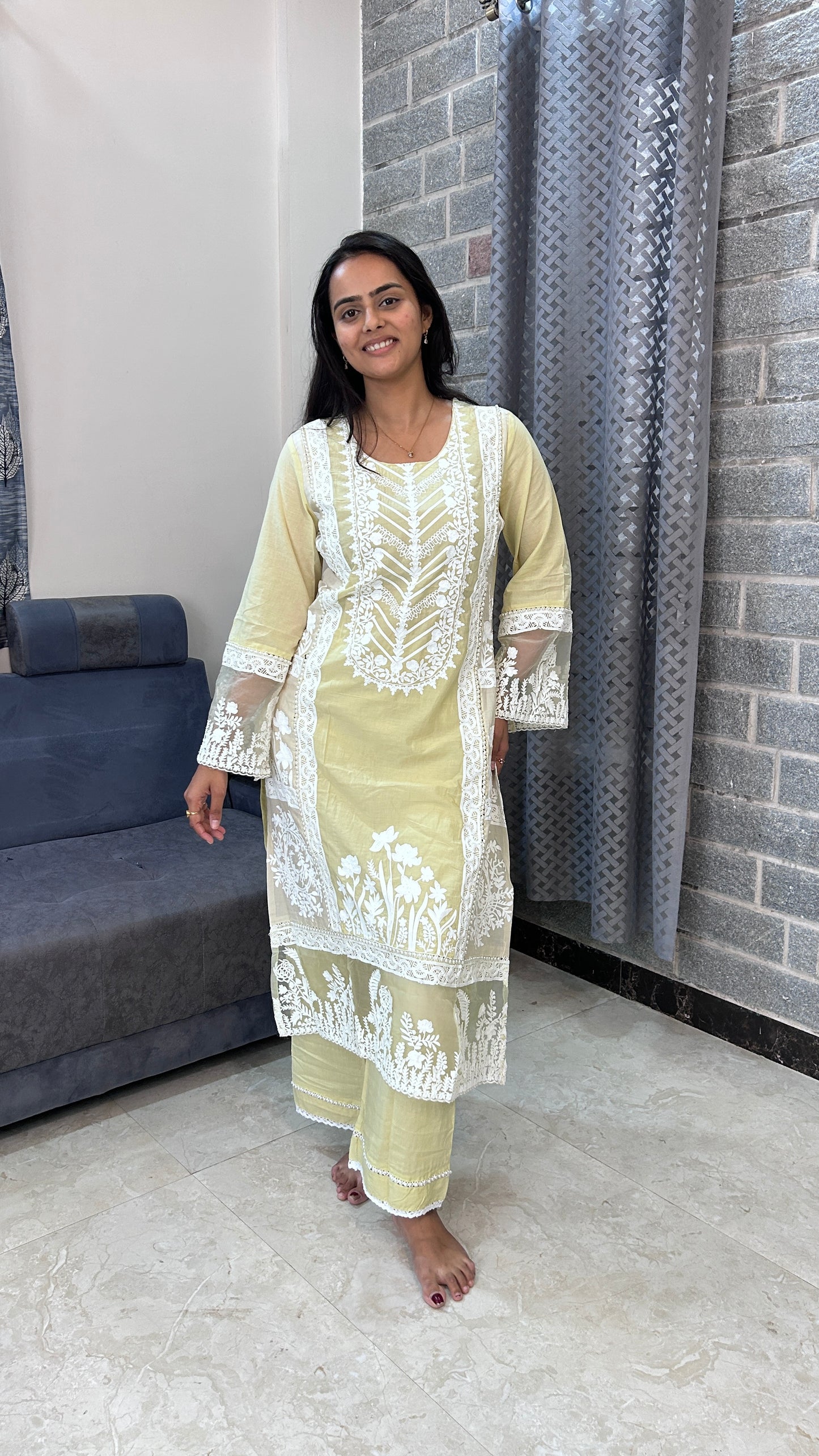 Pastel Yellow & White Hand-Embroidered Kurta Set