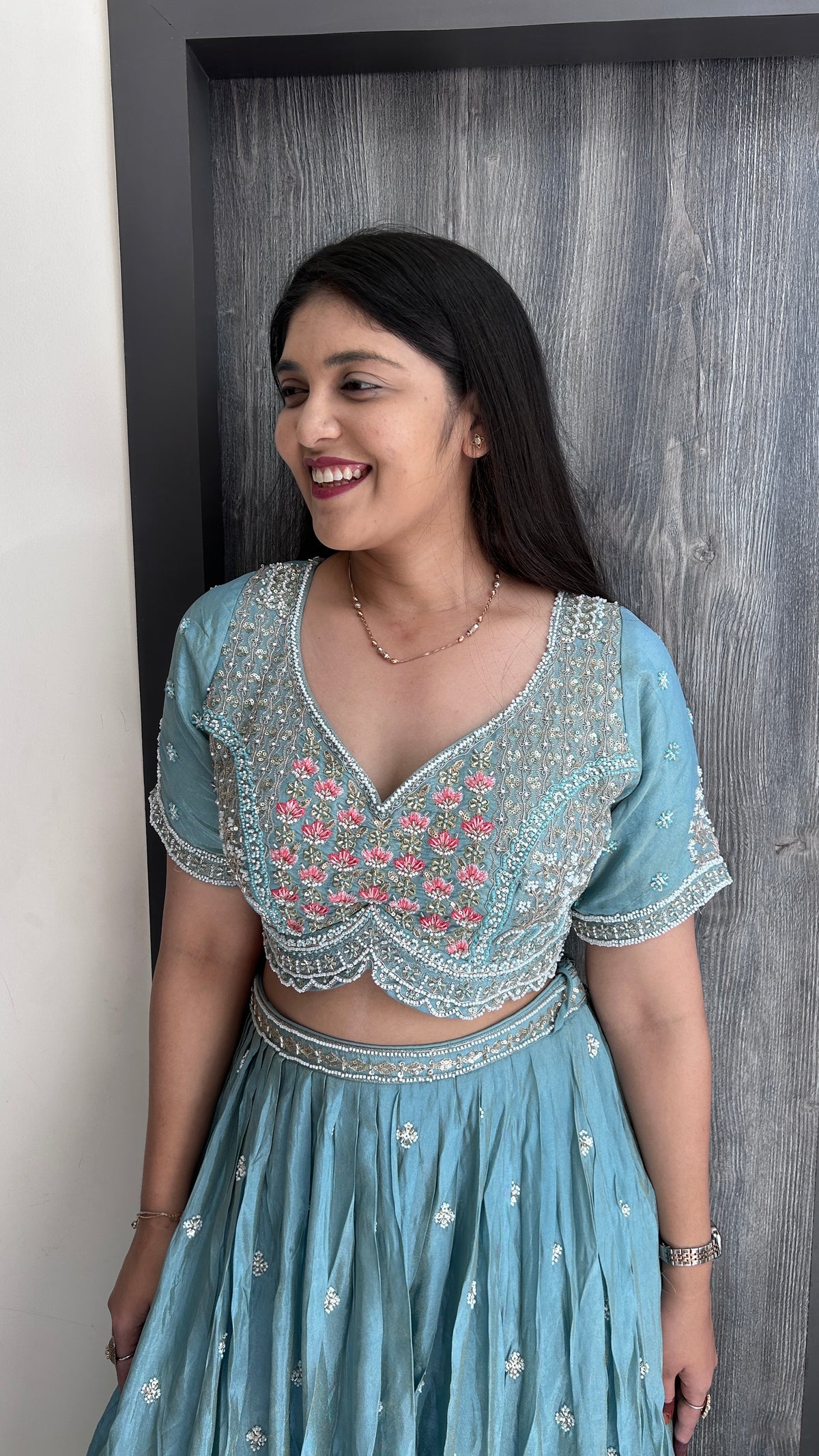 Pastel Blue Floral Embroidered Lehenga