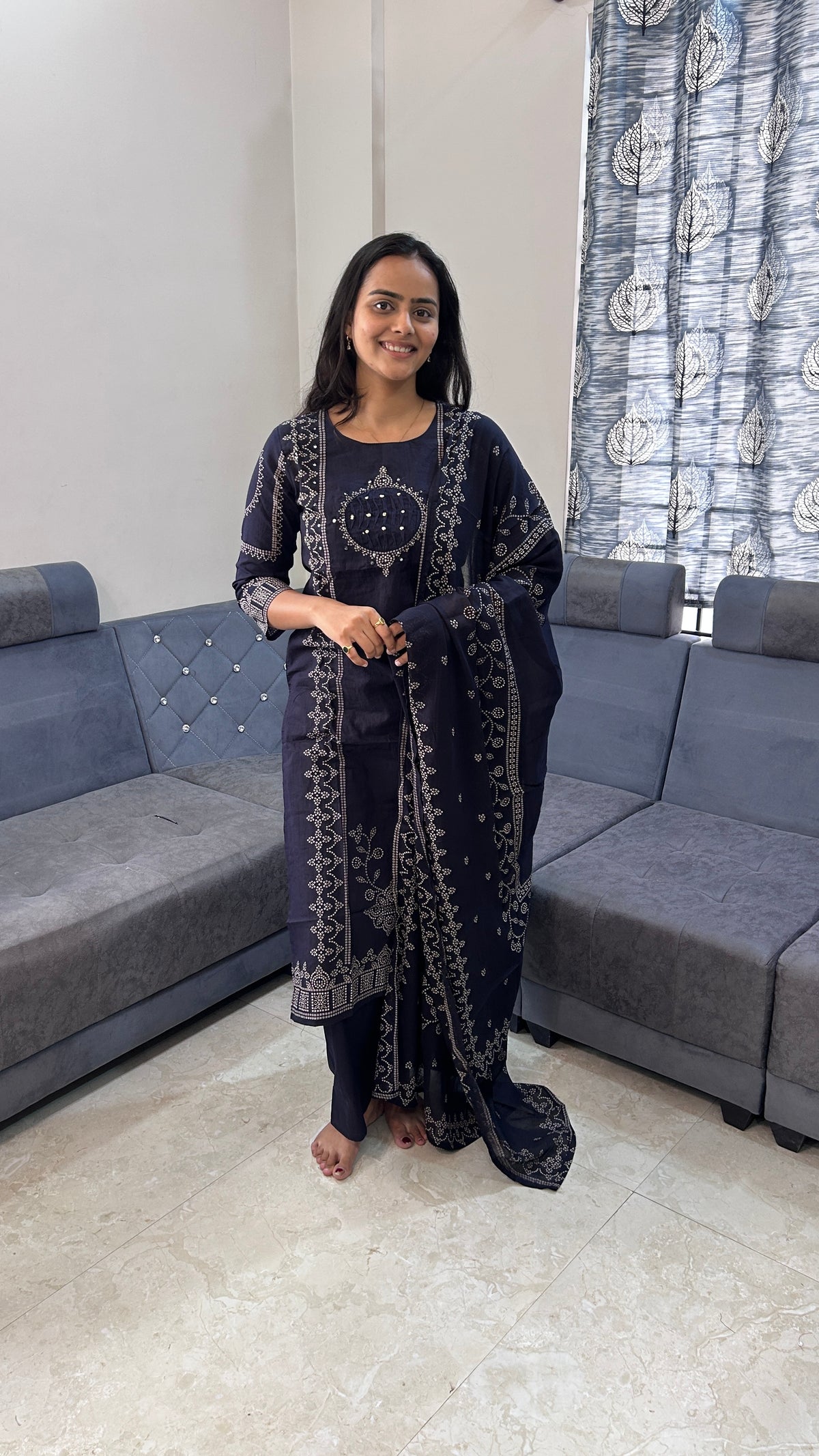 Navy Blue Bandhani Print Pure Chinnon Suit Set
