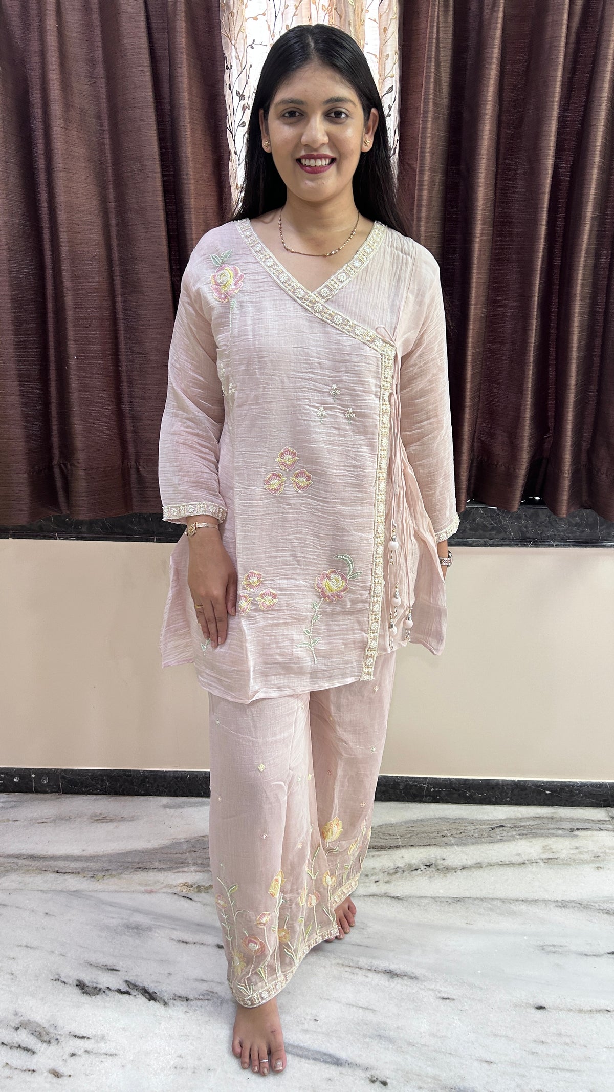 Light Pink Floral Hand-Embroidered Chinnon Angrakha Set