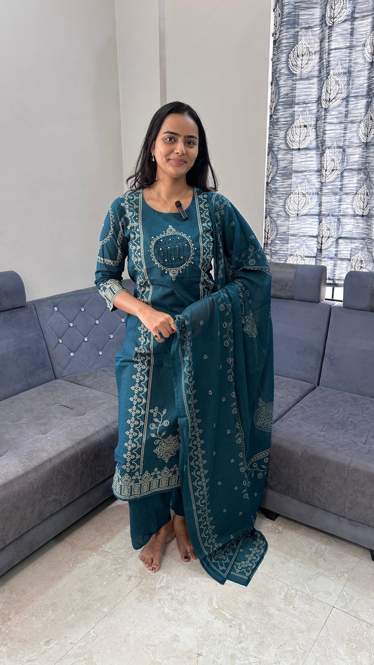 Teal Bandhani Print Pure cotton Suit Set