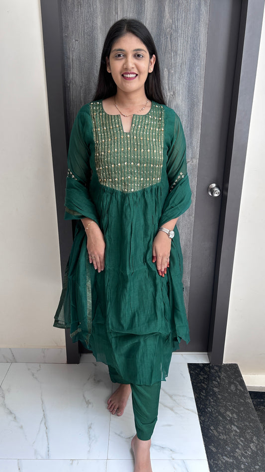 Emerald Green Hand-Embroidered Flared Kurta Set