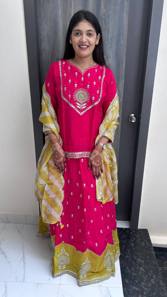 Rani Pink & Mustard Hand-Embroidered Skirt Set