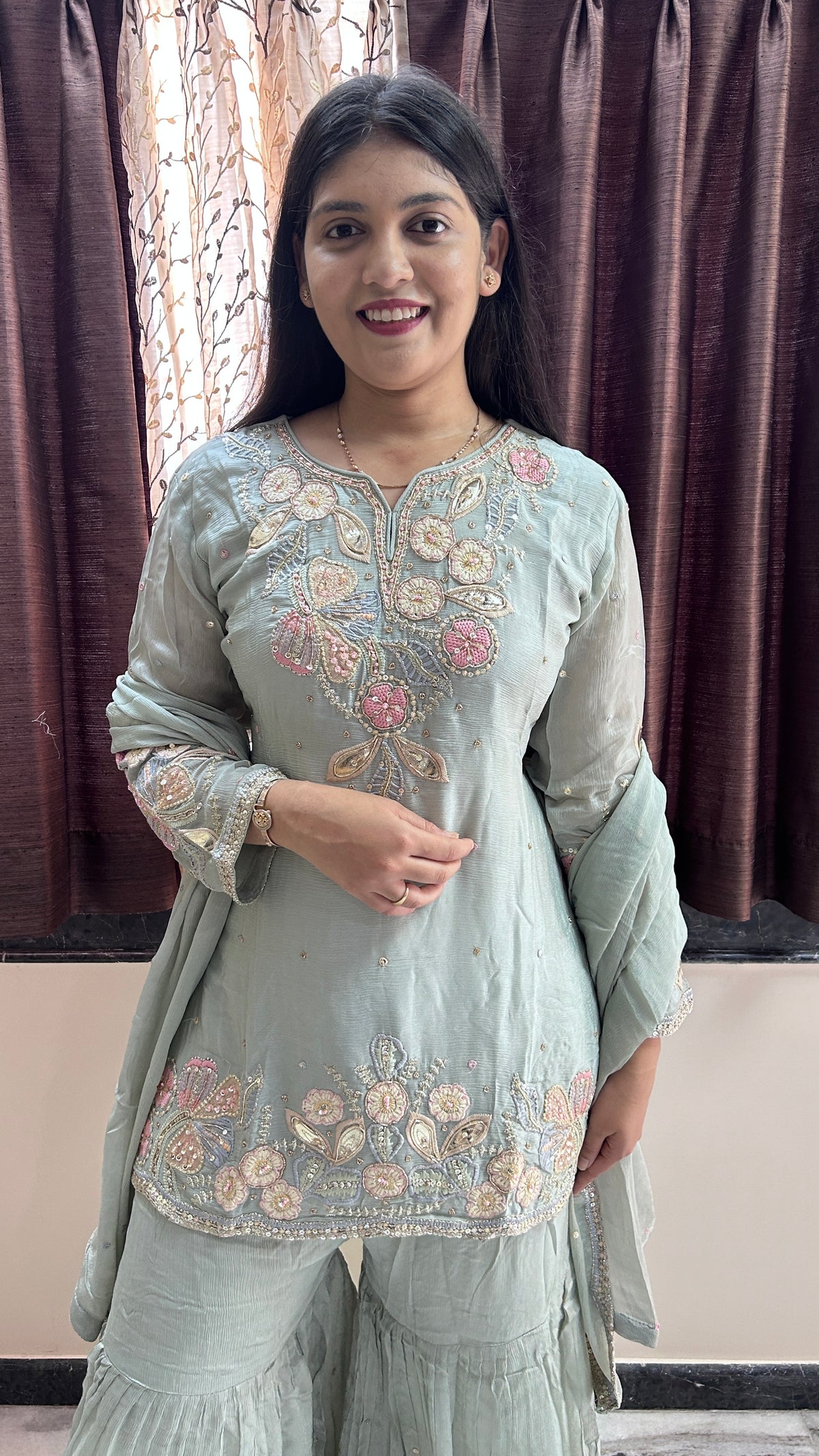 Light blue Hand-Embroidered chinnon Sharara Set