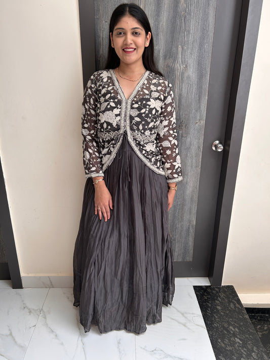 Charcoal Embroidered Jacket Anarkali Set