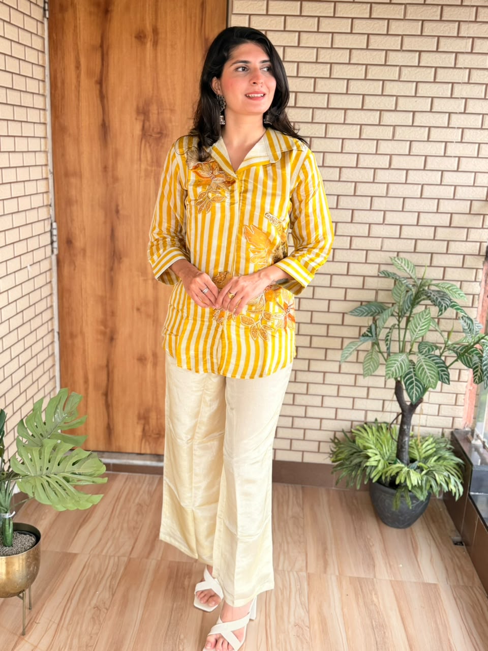 Yellow Striped Floral Appliqué Co-ord Set