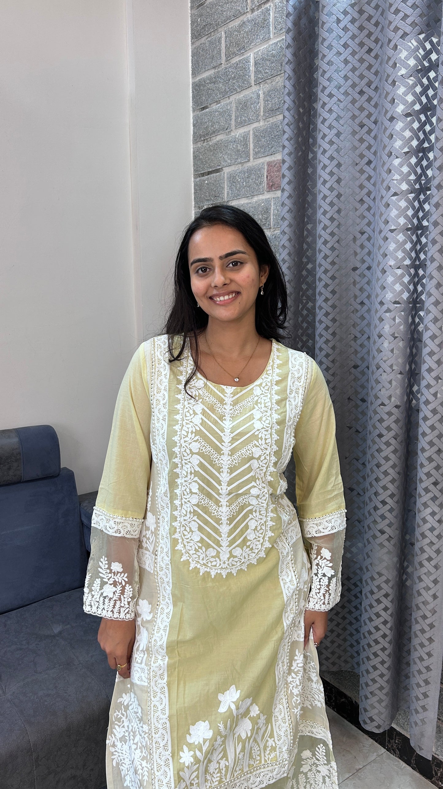Pastel Yellow & White Hand-Embroidered Kurta Set