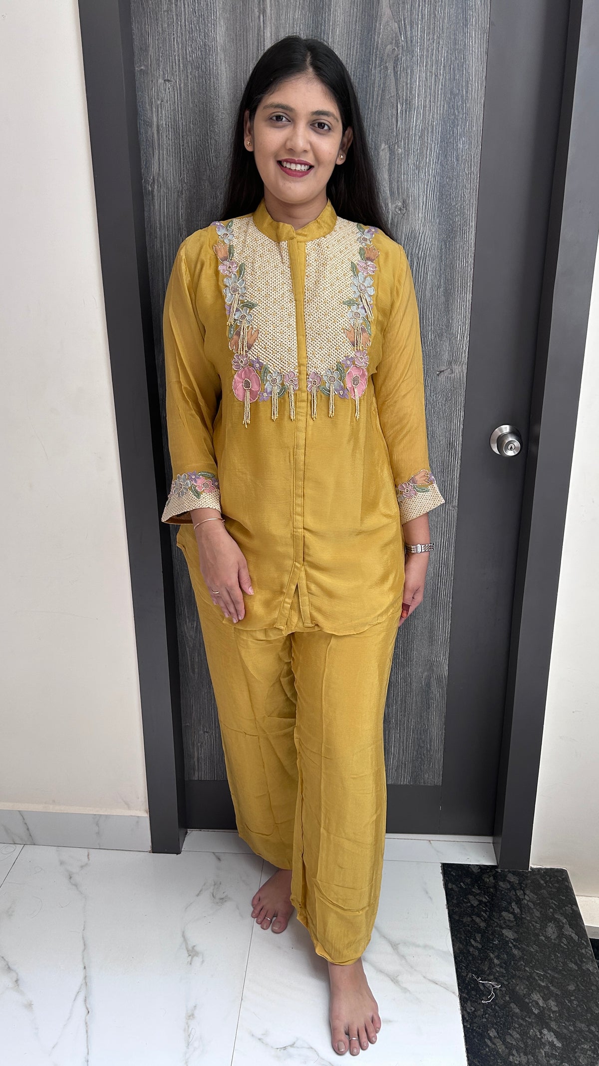 Mustard Yellow Pure Chinnon Hand-Embroidered Co-ord Set