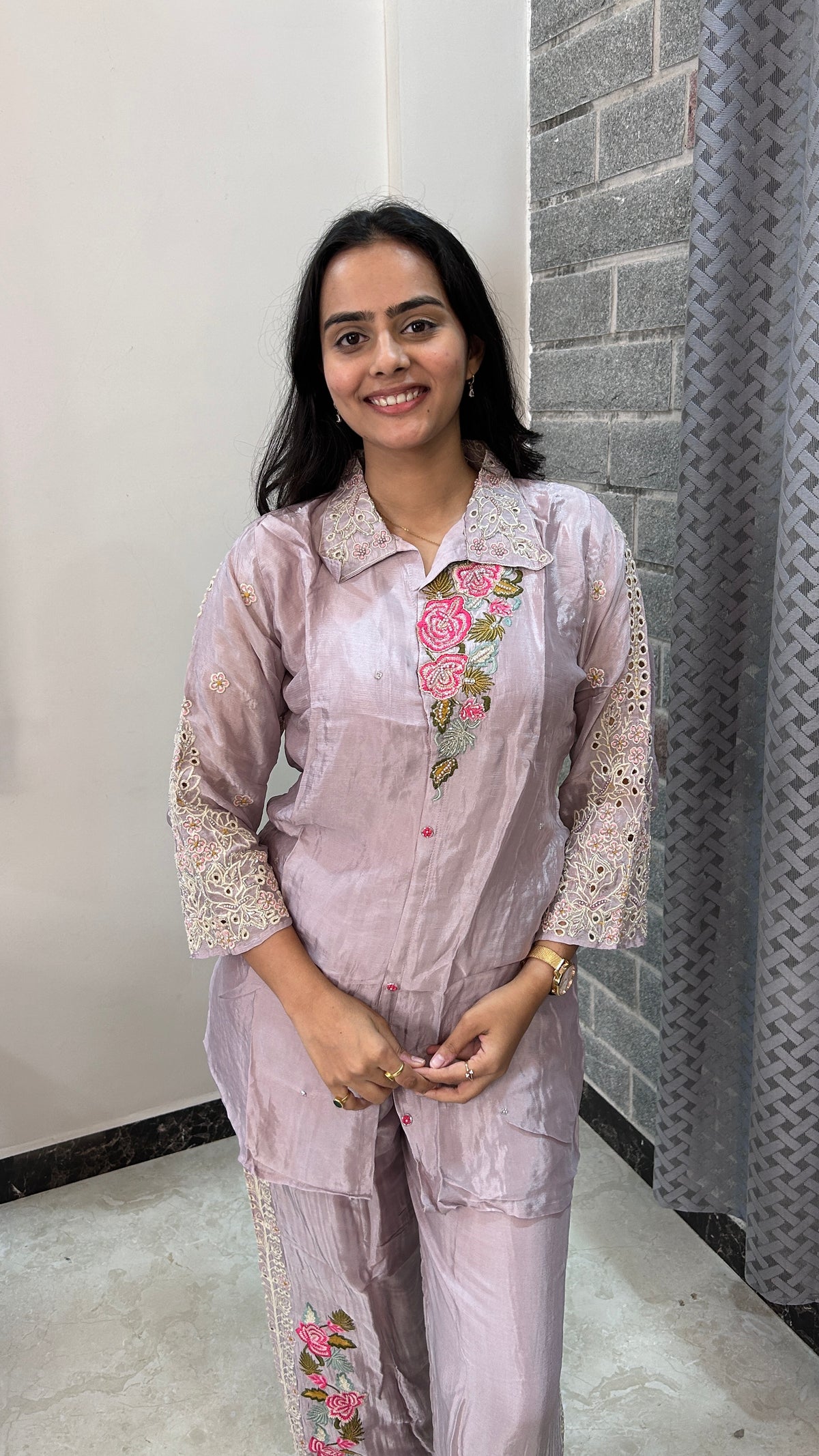 Lavender Floral Hand-Embroidered Co-ord Set