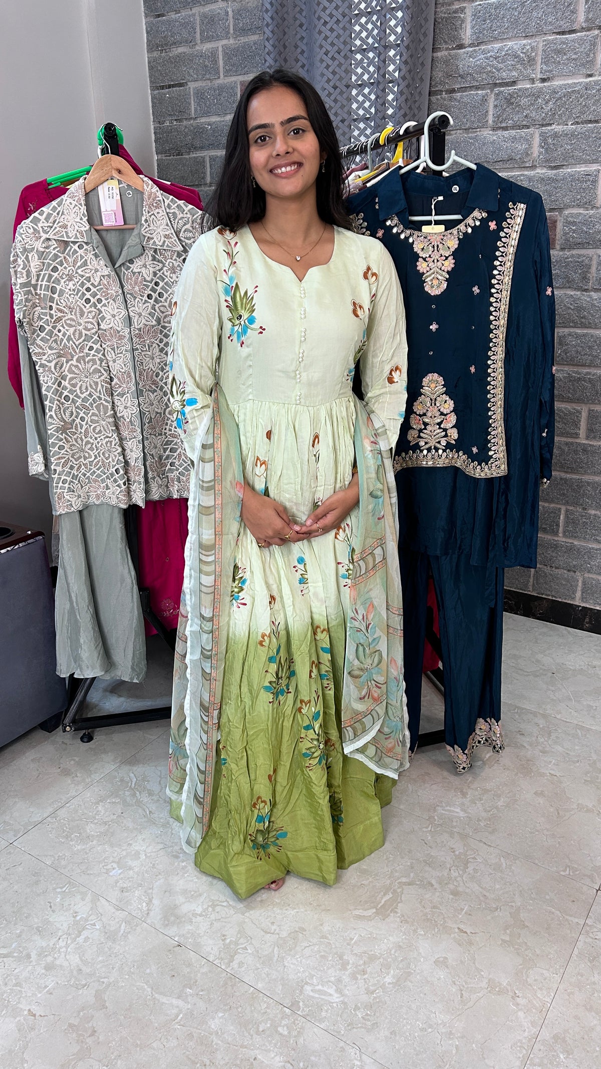 Green Floral Ombre Anarkali Suit