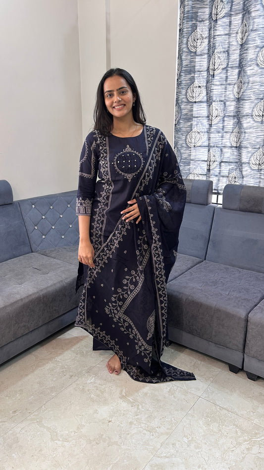 Navy Blue Bandhani Print Pure Chinnon Suit Set