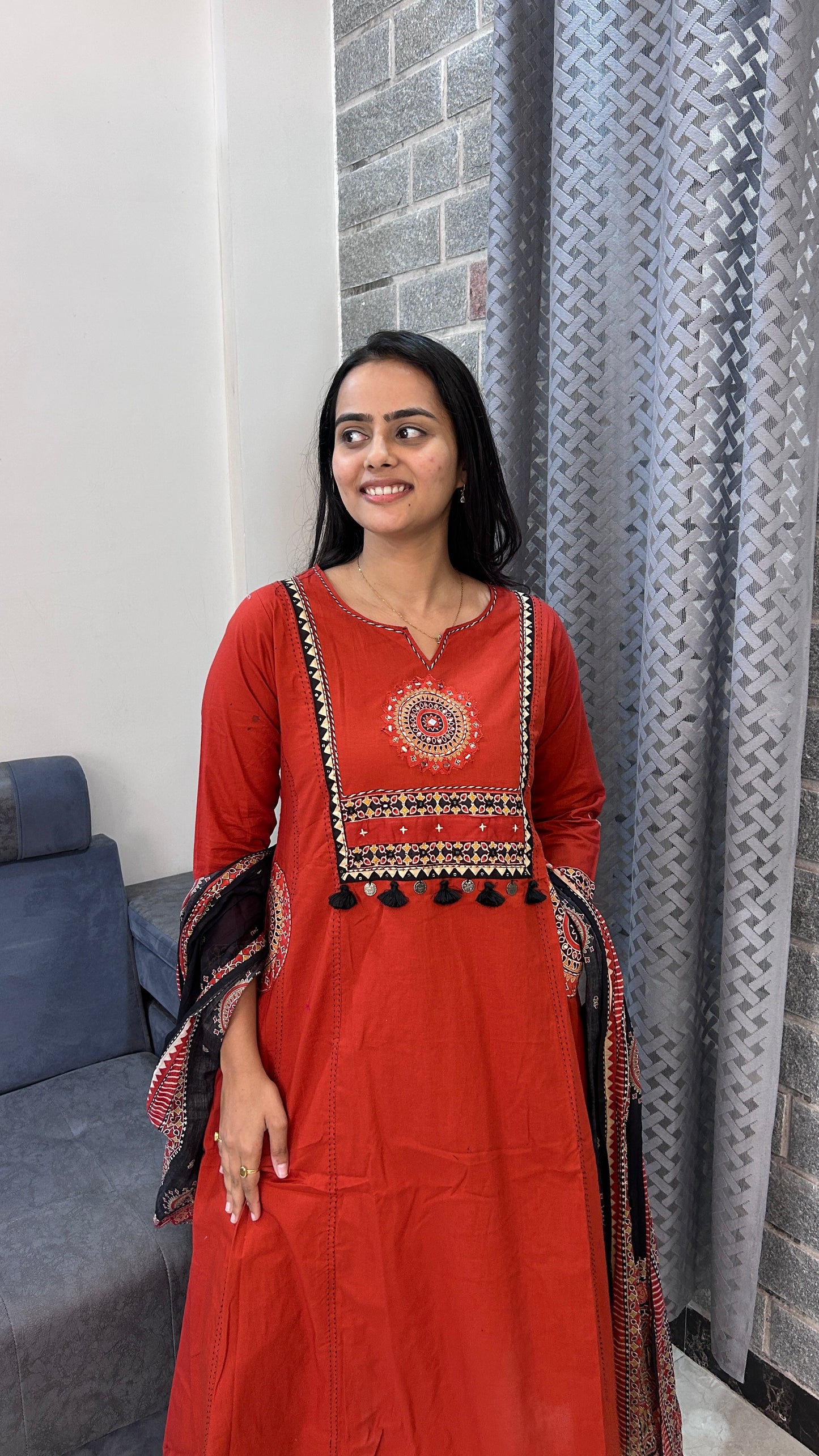 Rust orange Hand-Embroidered Kurta Set