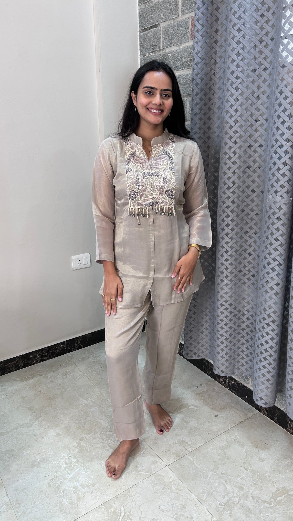 Beige Hand-Embroidered Yoke Co-ord Set
