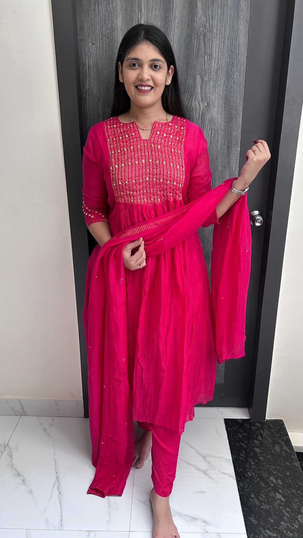 Bright Pink Hand-Embroidered Flared Kurta Set