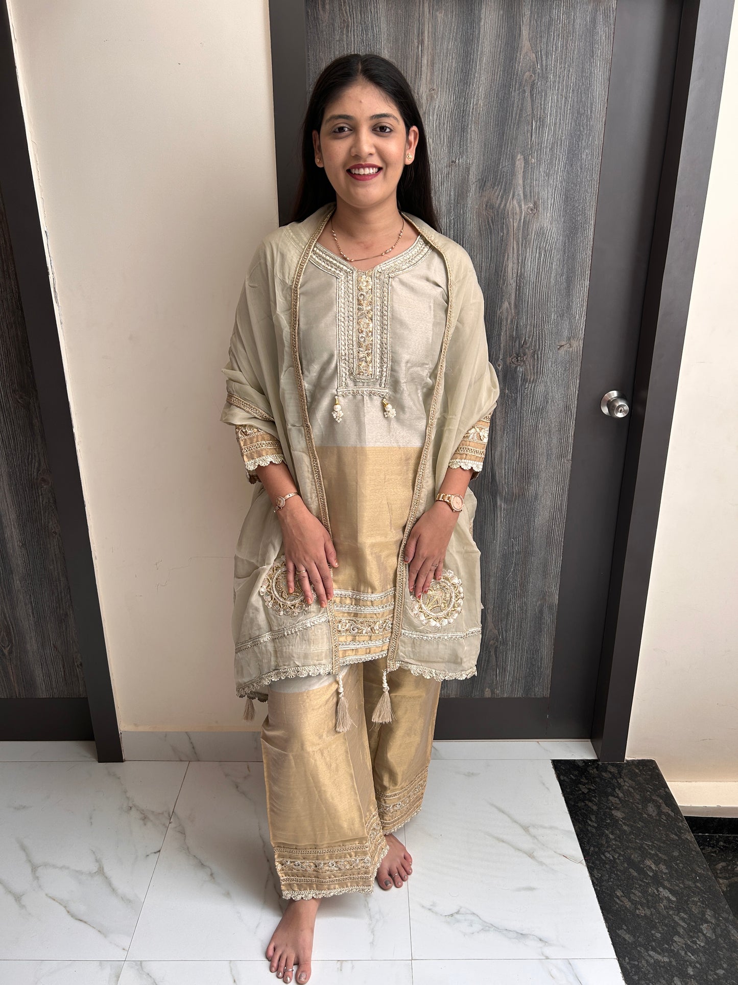 Gold Embellished Silk Suit Set