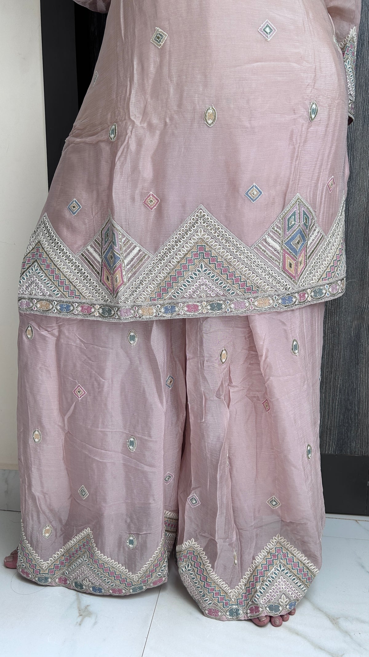 Pastel Pink Embroidered chinnon Sharara Set