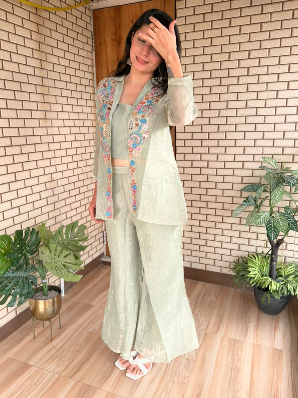 Mint Green Three-Piece Embroidered Co-ord Set