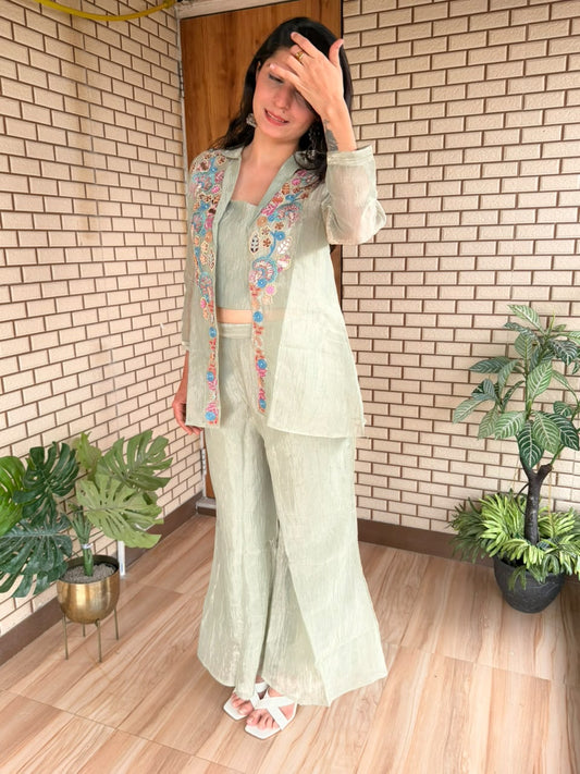 Mint Green Three-Piece Embroidered Co-ord Set
