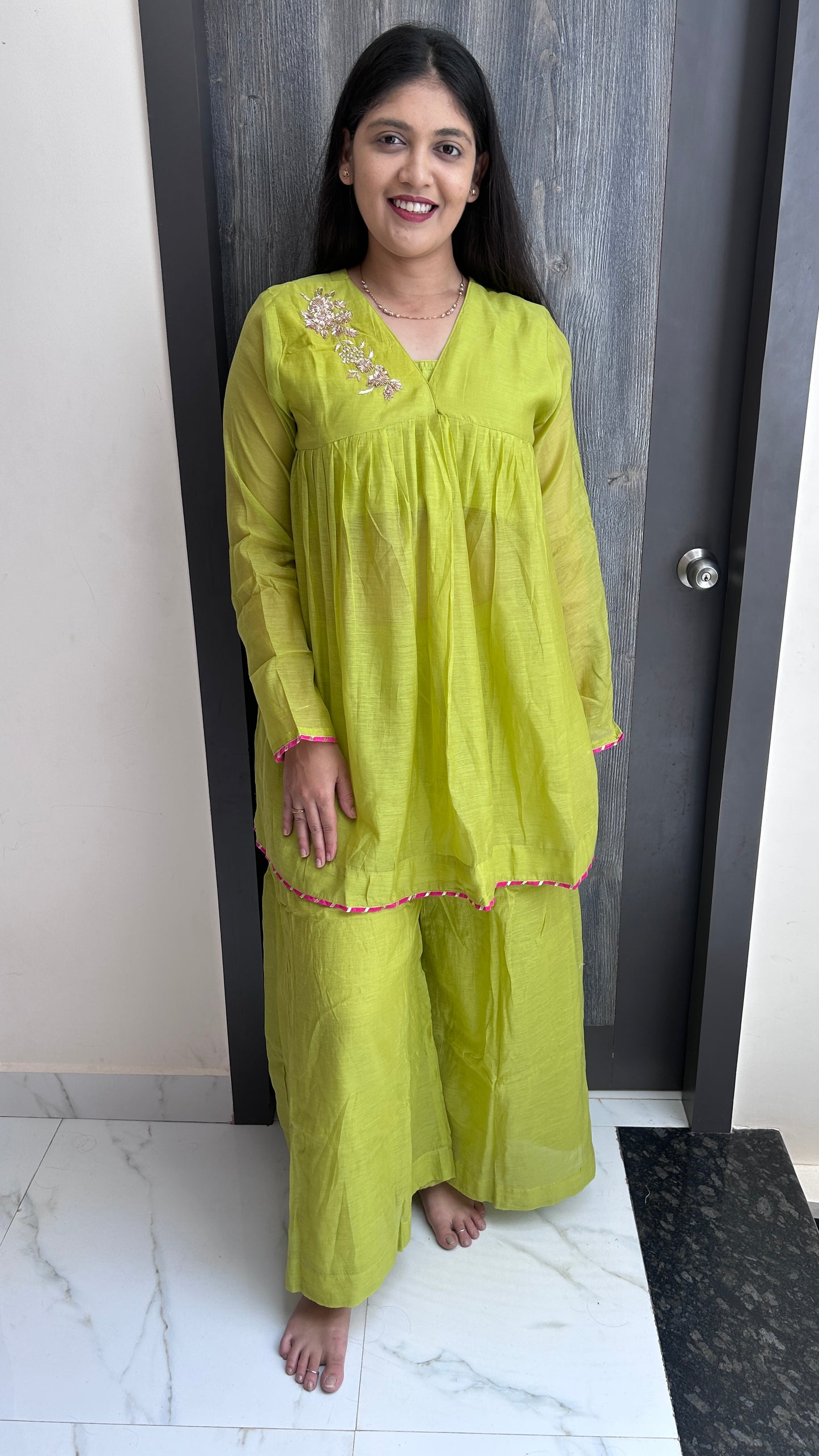 Lime Green & Pink Leheriya chinnon Sharara Set