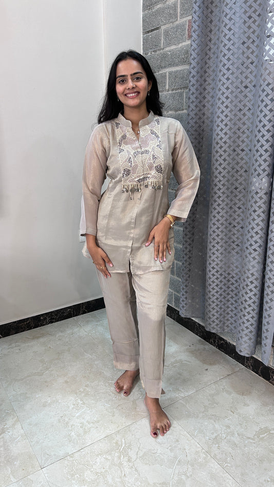 Beige Hand-Embroidered Yoke Co-ord Set