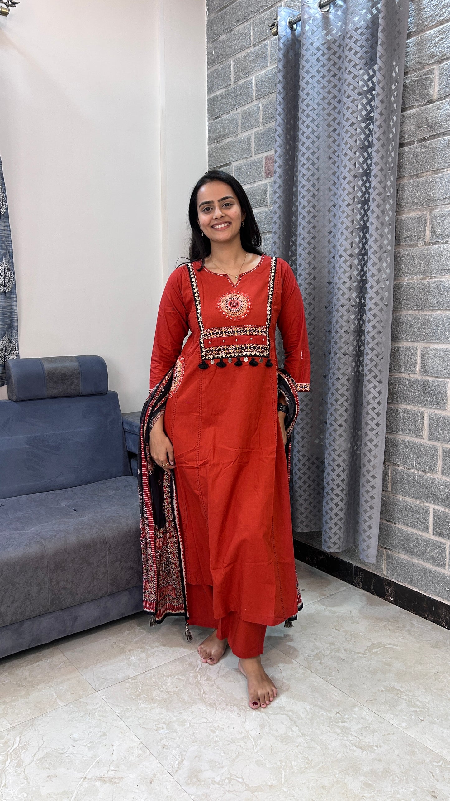 Rust orange Hand-Embroidered Kurta Set