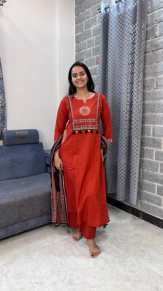 Rust orange Hand-Embroidered Kurta Set