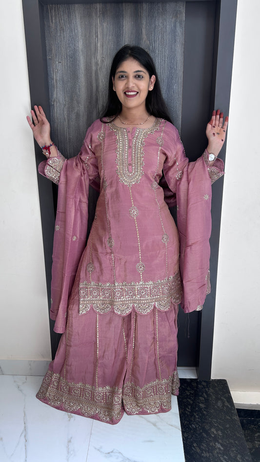 Mauve Hand-Embroidered Sharara Set