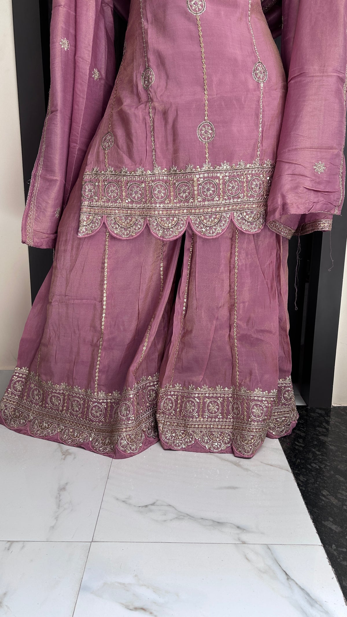 Mauve Hand-Embroidered Sharara Set