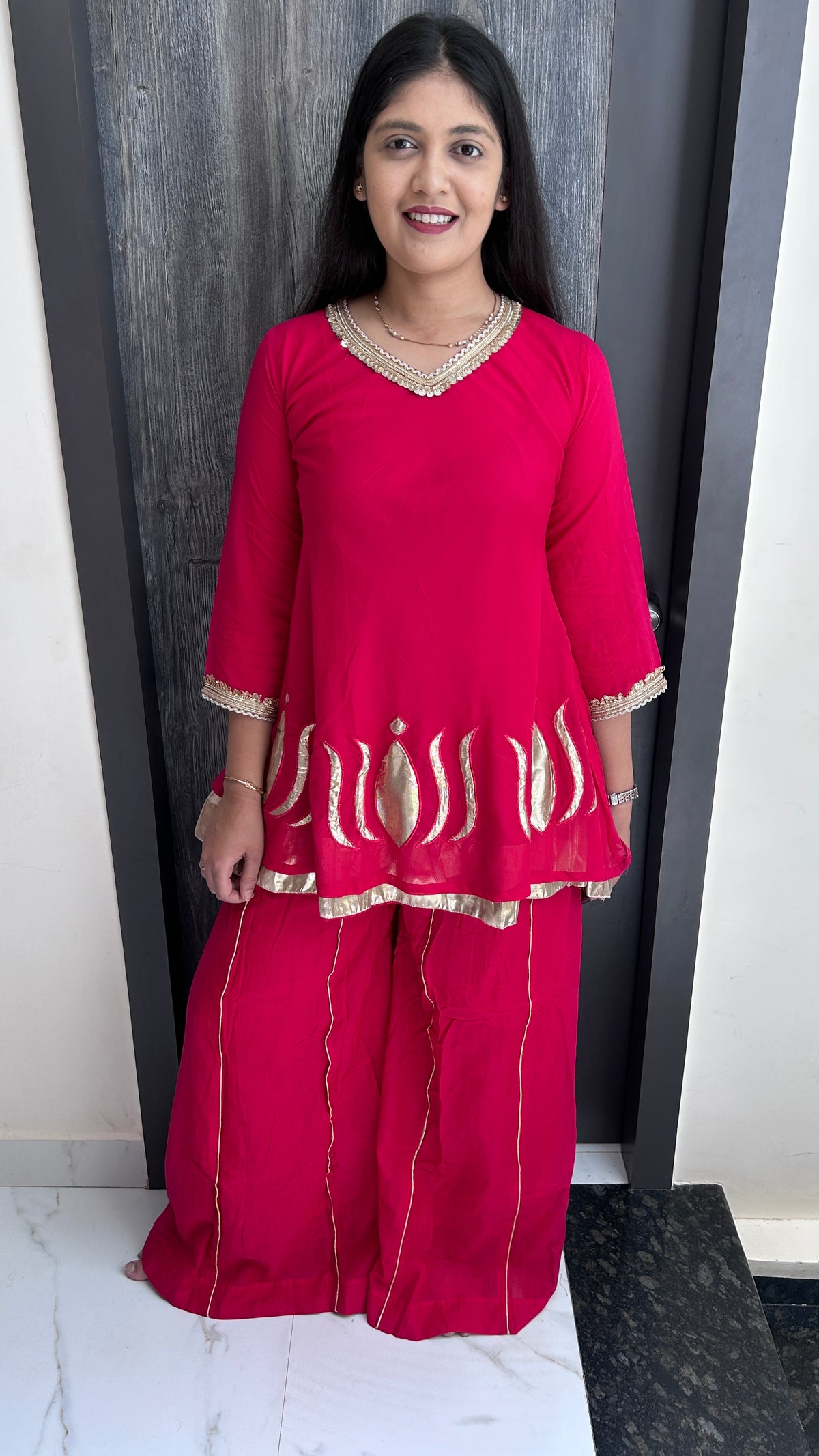 Hand-Embroidered Magenta chinnon Sharara Set