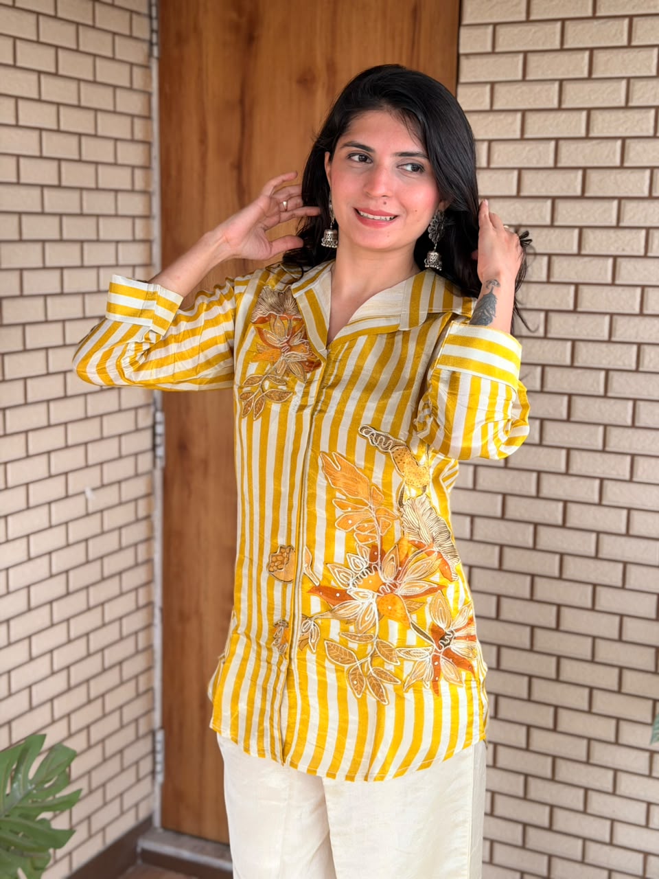 Yellow Striped Floral Appliqué Co-ord Set