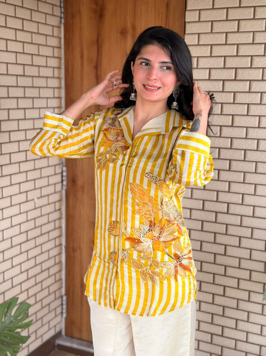 Yellow Striped Floral Appliqué Co-ord Set