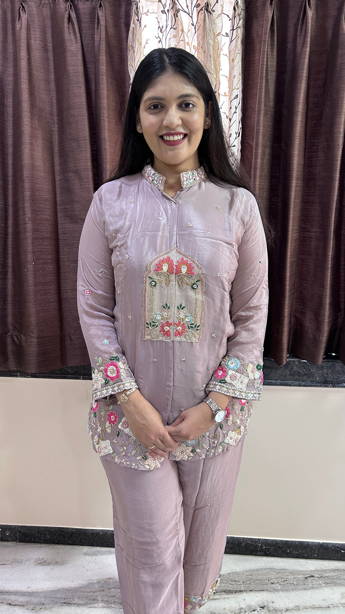 Mauve Scalloped Hand-Embroidered Co-ord Set