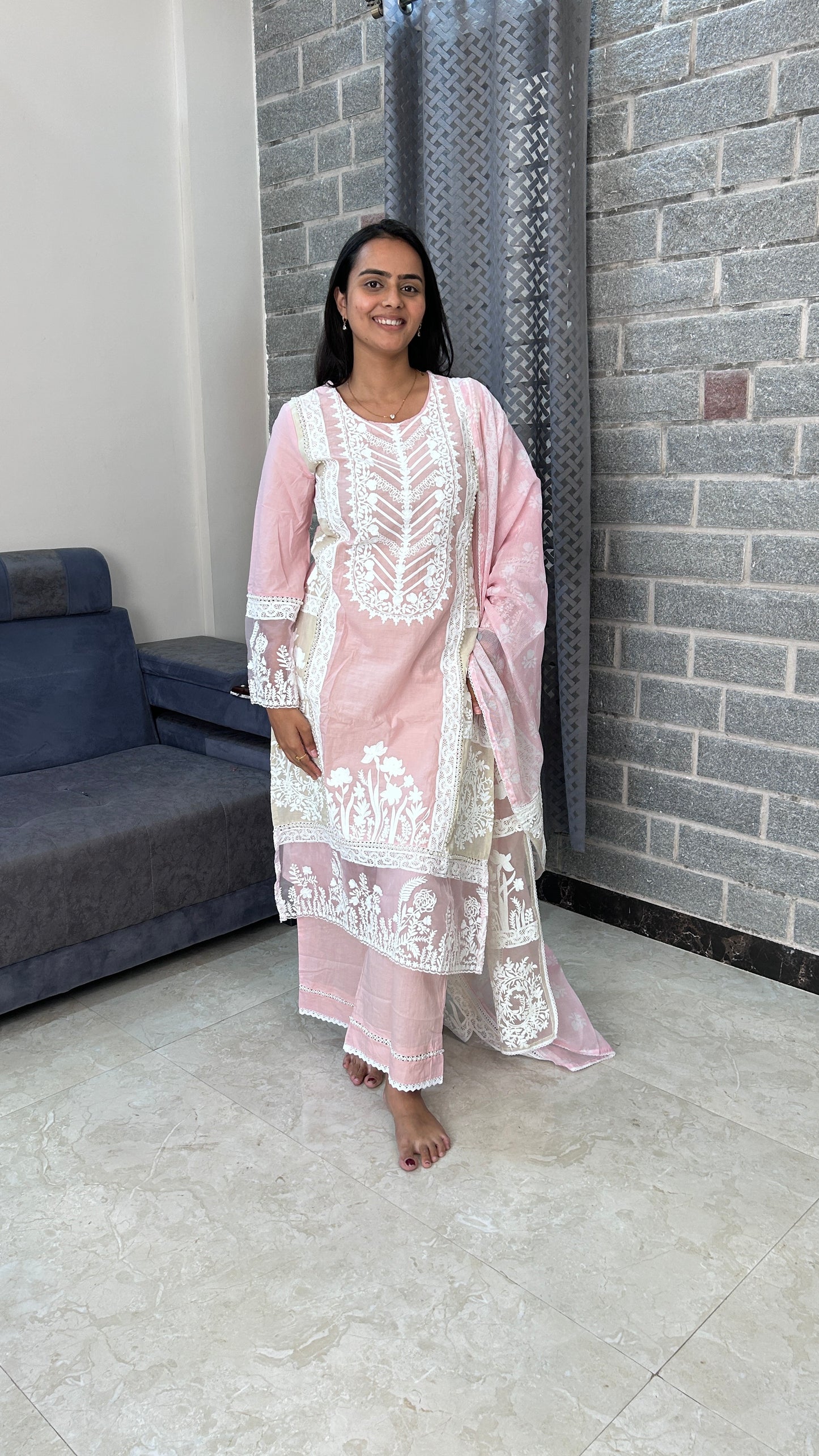 Pastel Pink & White Hand-Embroidered Suit Set