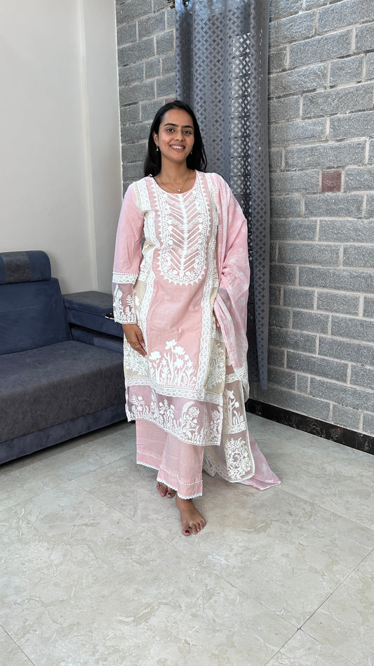 Pastel Pink & White Hand-Embroidered Suit Set