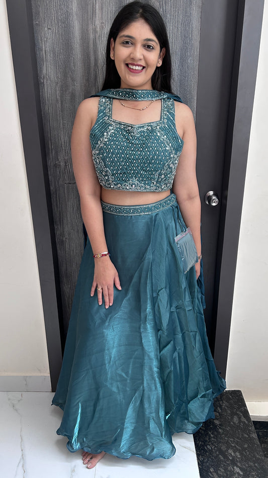 Teal Blue Hand-Embroidered Tissue Crop Top