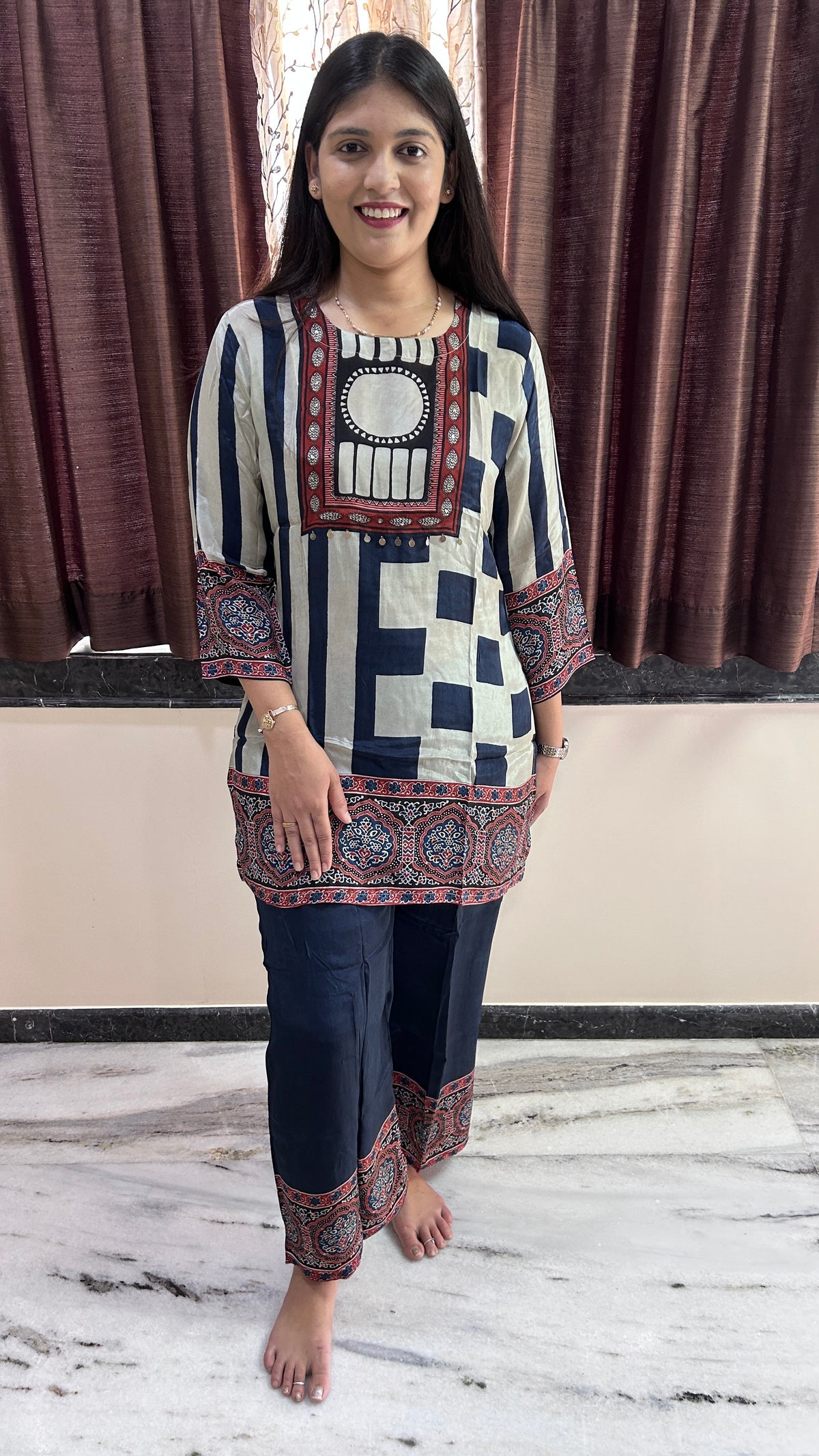 Indigo & Beige Printed Muslin Tunic and Pants Set