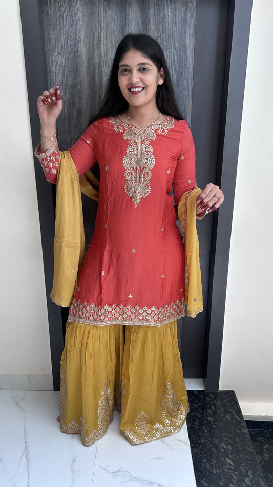 Coral and Mustard Embroidered Sharara Set