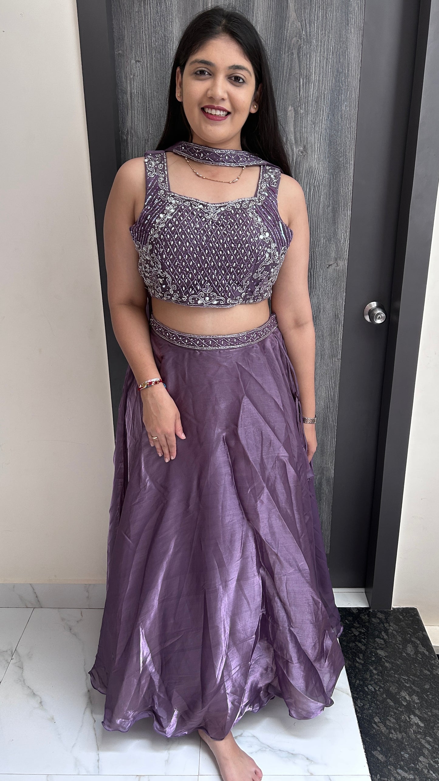 Royal Purple Hand-Embroidered Tissue Crop Top