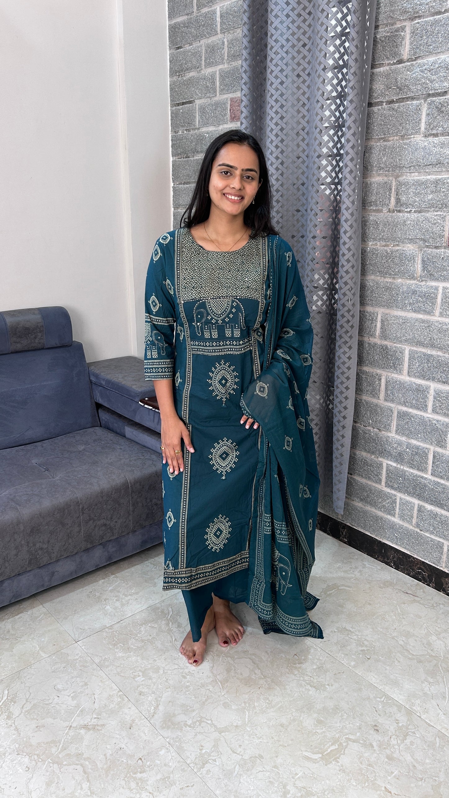 Teal Elephant Motif Straight Kurta Set
