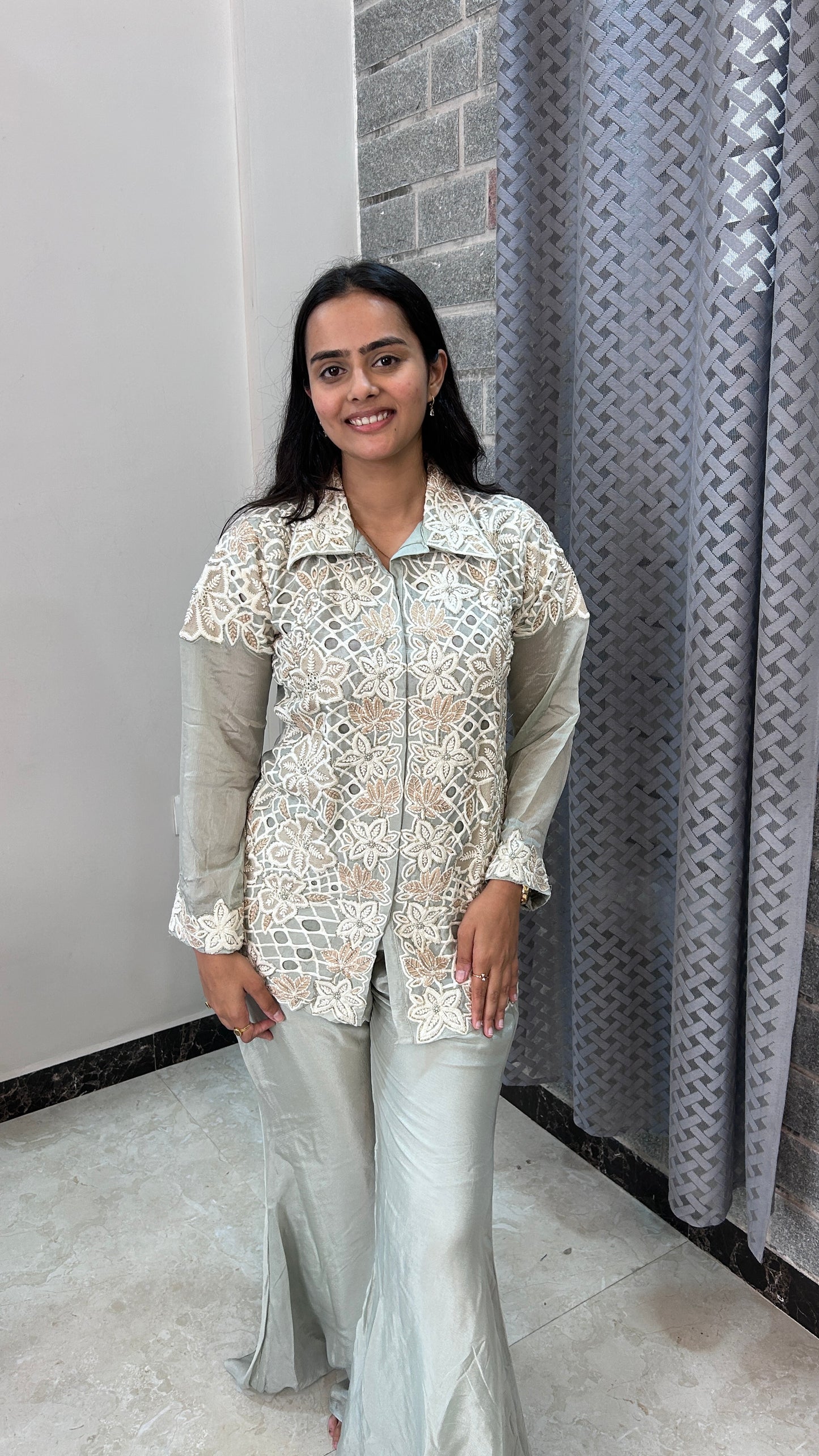 Powder Blue Hand-Embroidered chinnon Co-ord Set