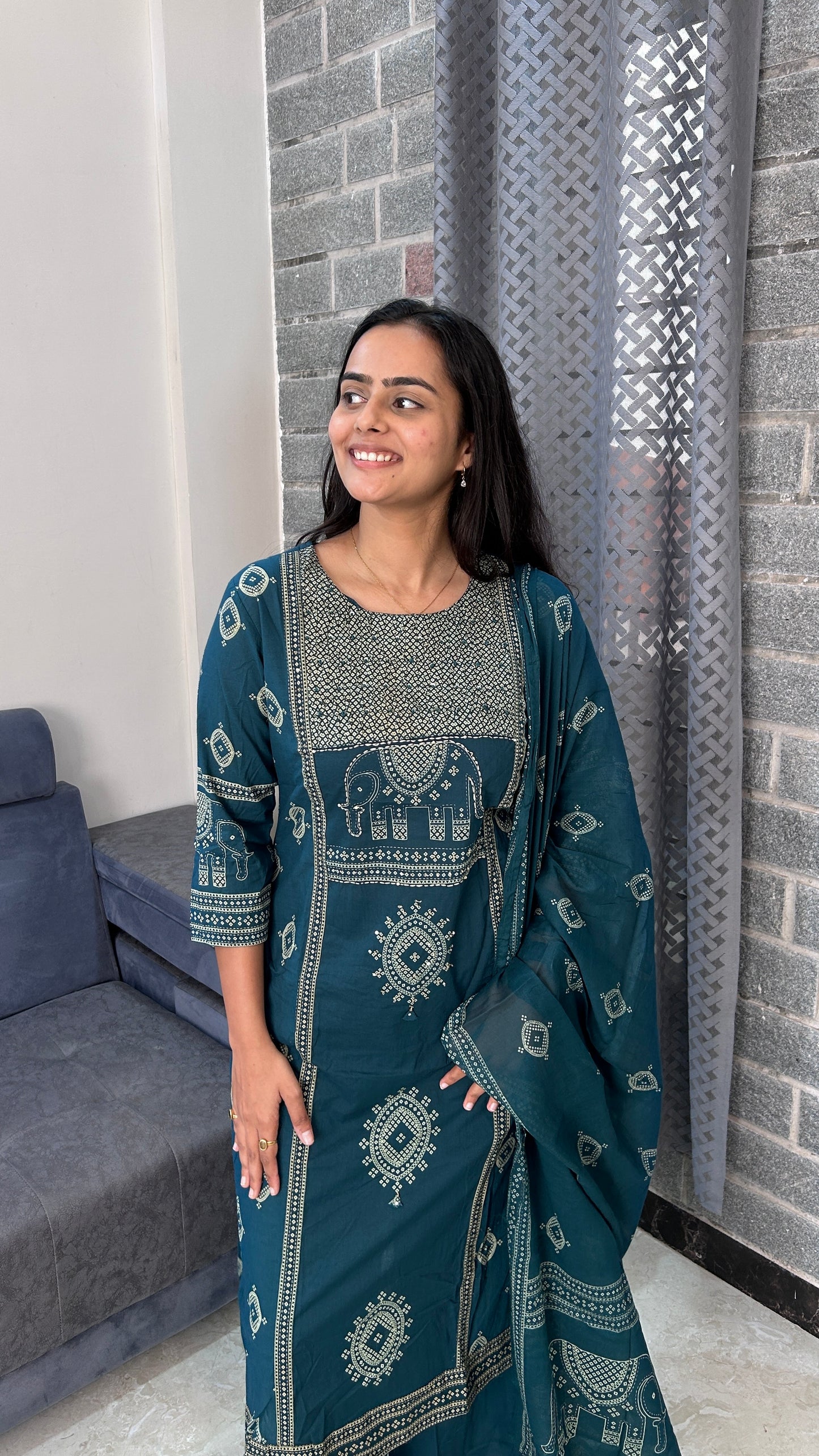 Teal Elephant Motif Straight Kurta Set