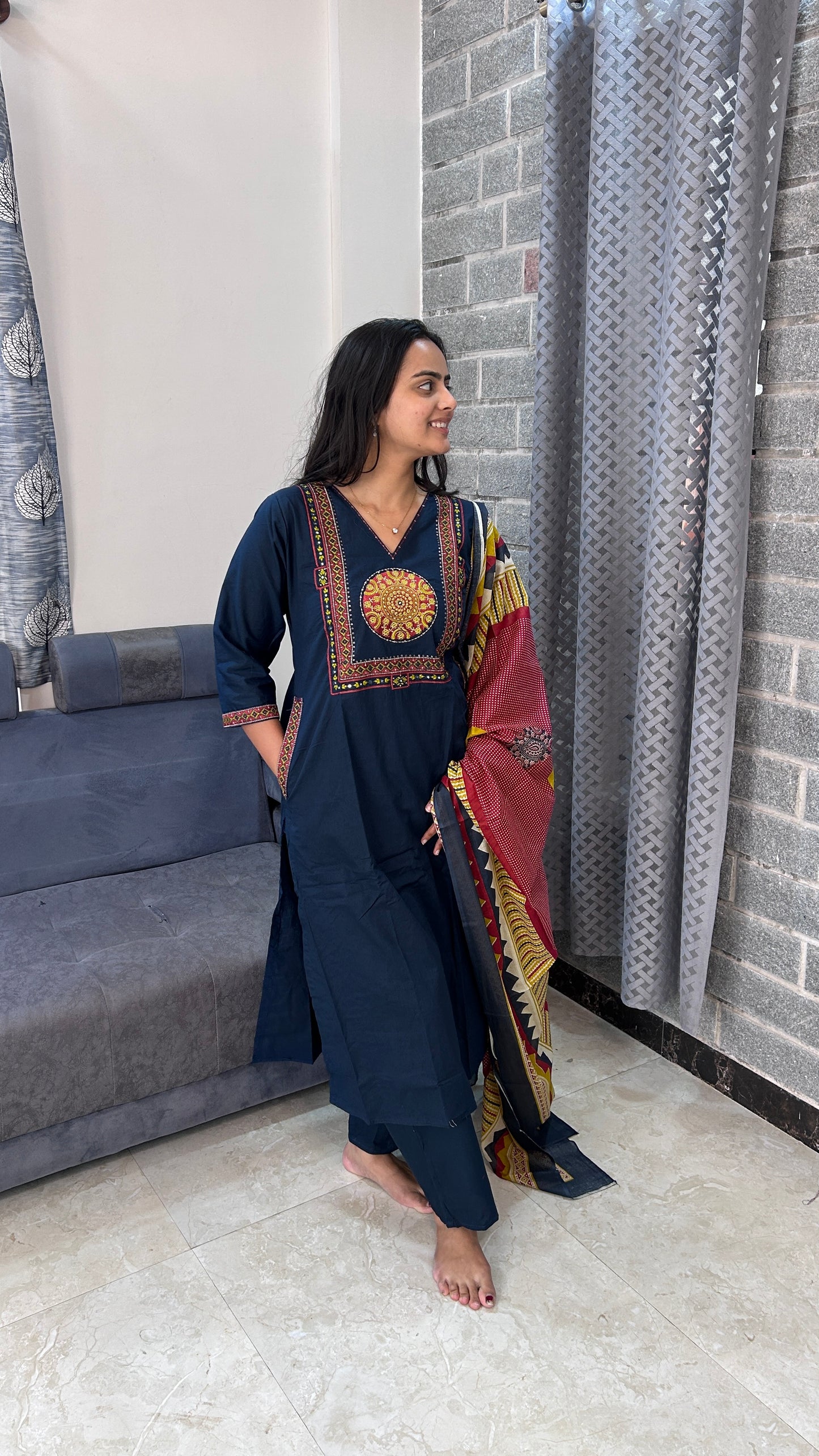 Navy Blue Hand-Embroidered Yoke Kurta Set